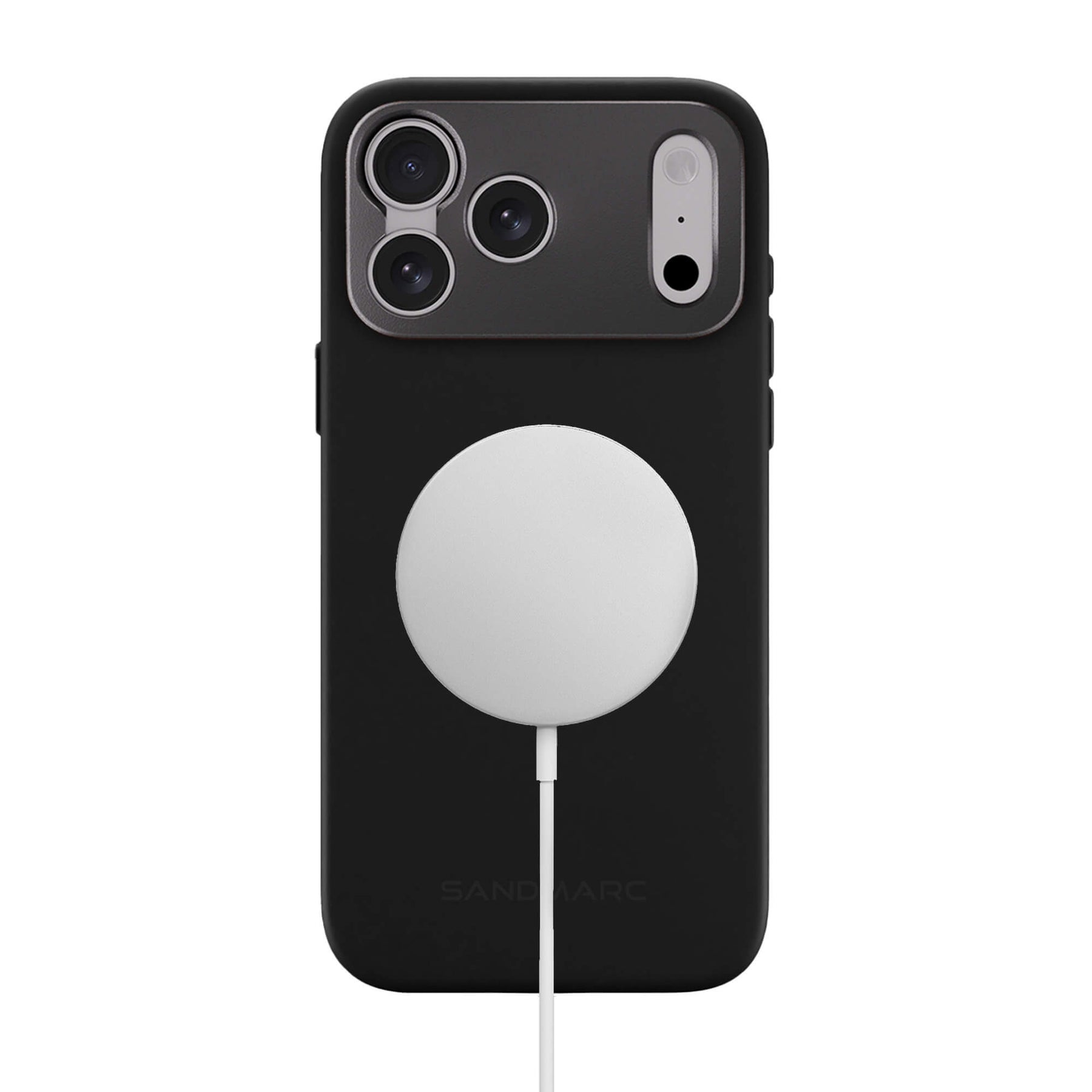 SANDMARC Pro Case in black on iPhone 18 Pro Max shown on a white background with a MagSafe charger attached and connected via white cable, demonstrating MagSafe compatibility