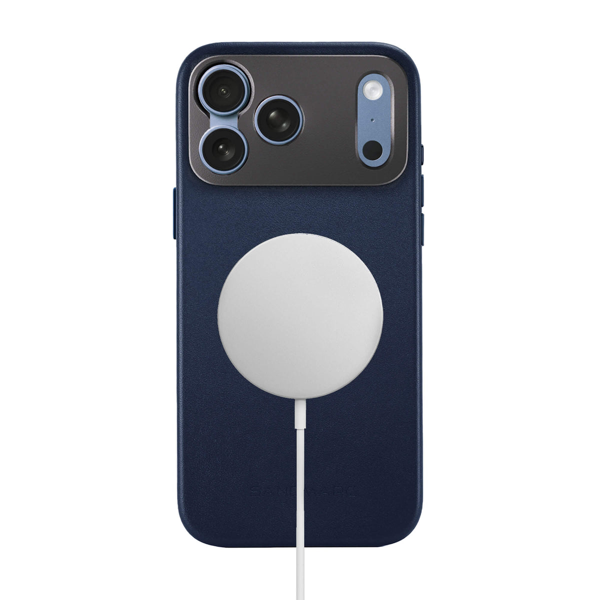 SANDMARC Pro Leather Case in navy on iPhone 18 Pro Max shown on a white background with a MagSafe charger attached and connected via white cable, demonstrating MagSafe compatibility