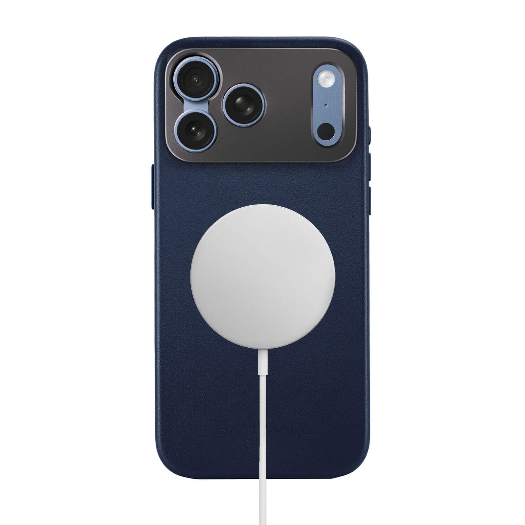 SANDMARC Pro Leather Case in navy on iPhone 18 Pro Max shown on a white background with a MagSafe charger attached and connected via white cable, demonstrating MagSafe compatibility