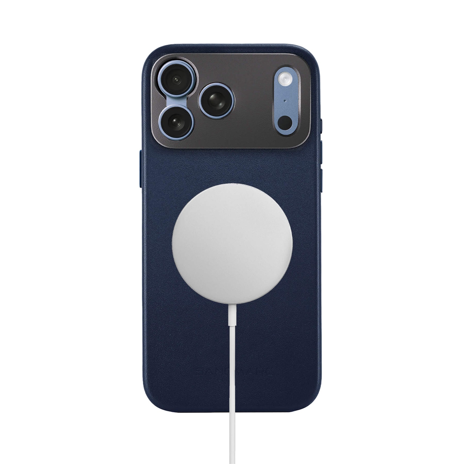 SANDMARC Pro Leather Case in navy on iPhone 18 Pro shown on a white background with a MagSafe charger attached and connected via white cable, demonstrating MagSafe compatibility
