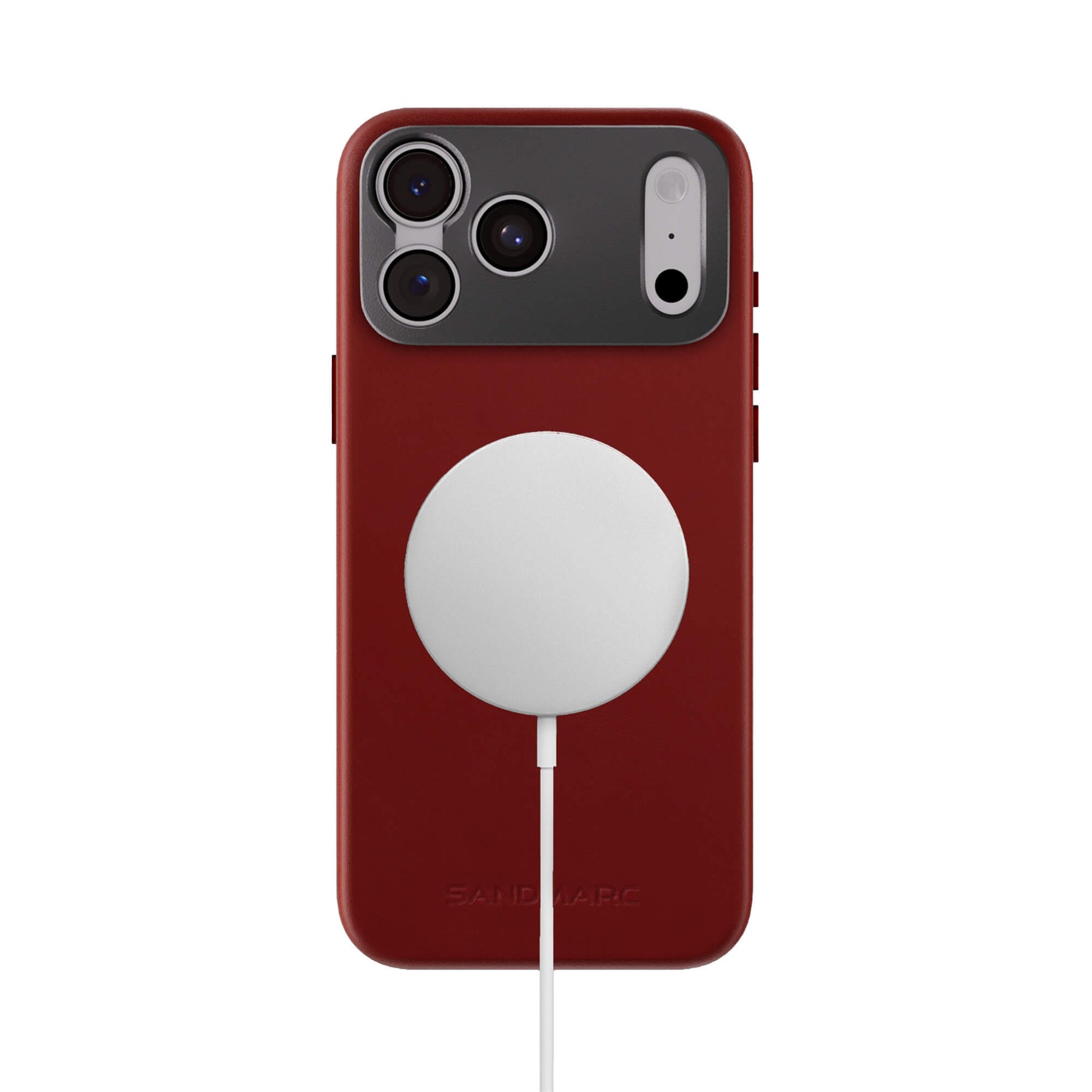 SANDMARC Pro Leather Case in red on iPhone 18 Pro shown on a white background with a MagSafe charger attached and connected via white cable, demonstrating MagSafe compatibility