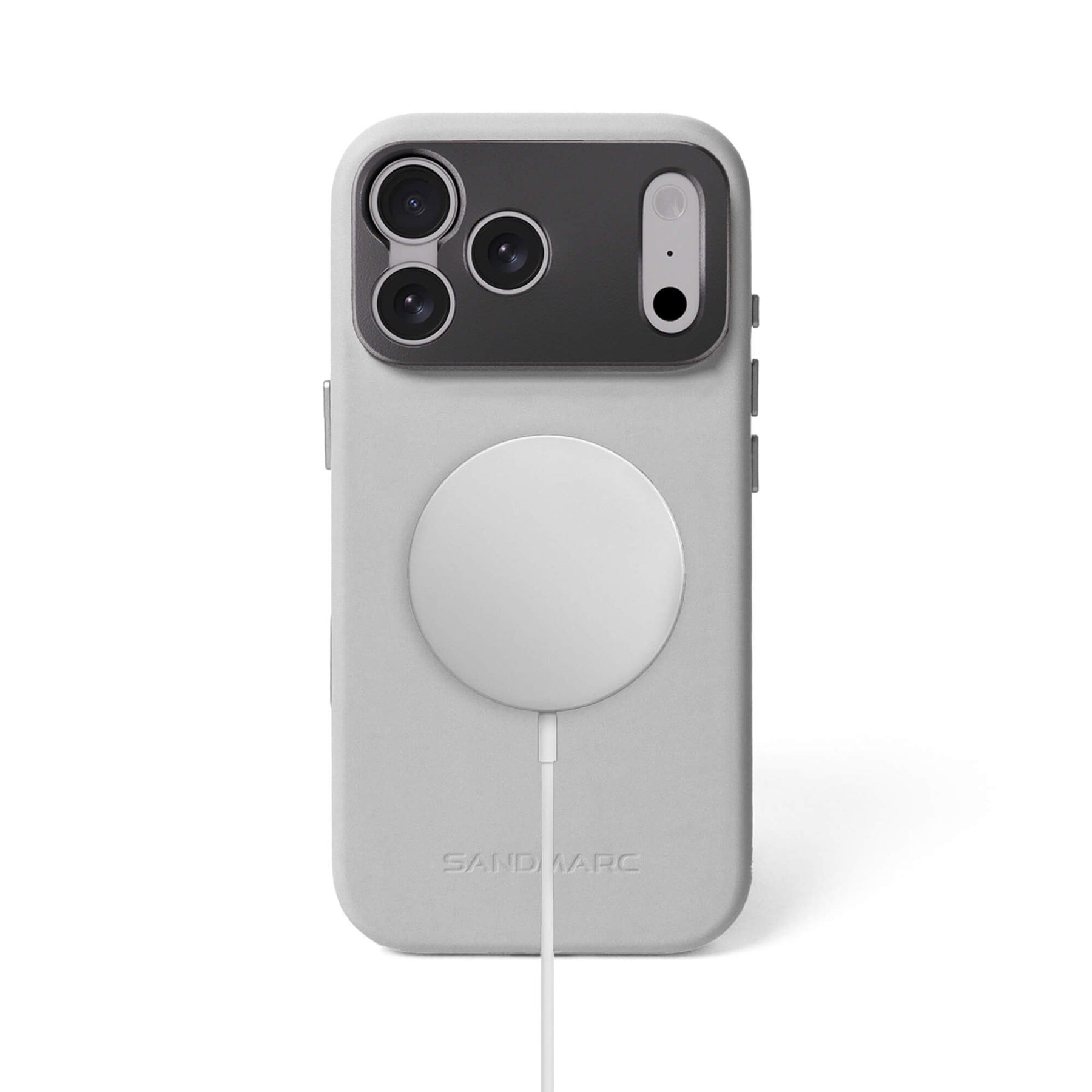 SANDMARC Pro Case in stone on iPhone 18 Pro shown on a white background with a MagSafe charger attached and connected via white cable, demonstrating MagSafe compatibility