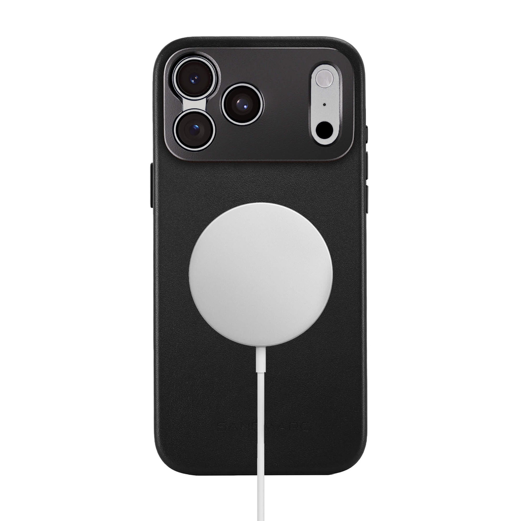 SANDMARC Pro Leather Case in black on iPhone 18 Pro Max shown on a white background with a MagSafe charger attached and connected via white cable, demonstrating MagSafe compatibility