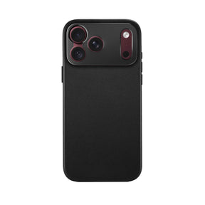 SANDMARC Pro Leather Case for iPhone 18 Pro in Black, shown next to a burgundy iPhone, on an orange background.