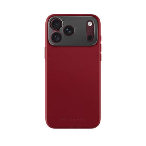 Woman holding an iPhone in the SANDMARC Pro Leather Case in red against their black leather jacket, showing the full-grain leather texture and aluminum camera mount