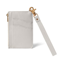 A light beige pebbled SANDMARC leather card holder wallet with a gold-tone zipper, card slots, and a matching wrist strap attached by a gold clasp. #color_stone