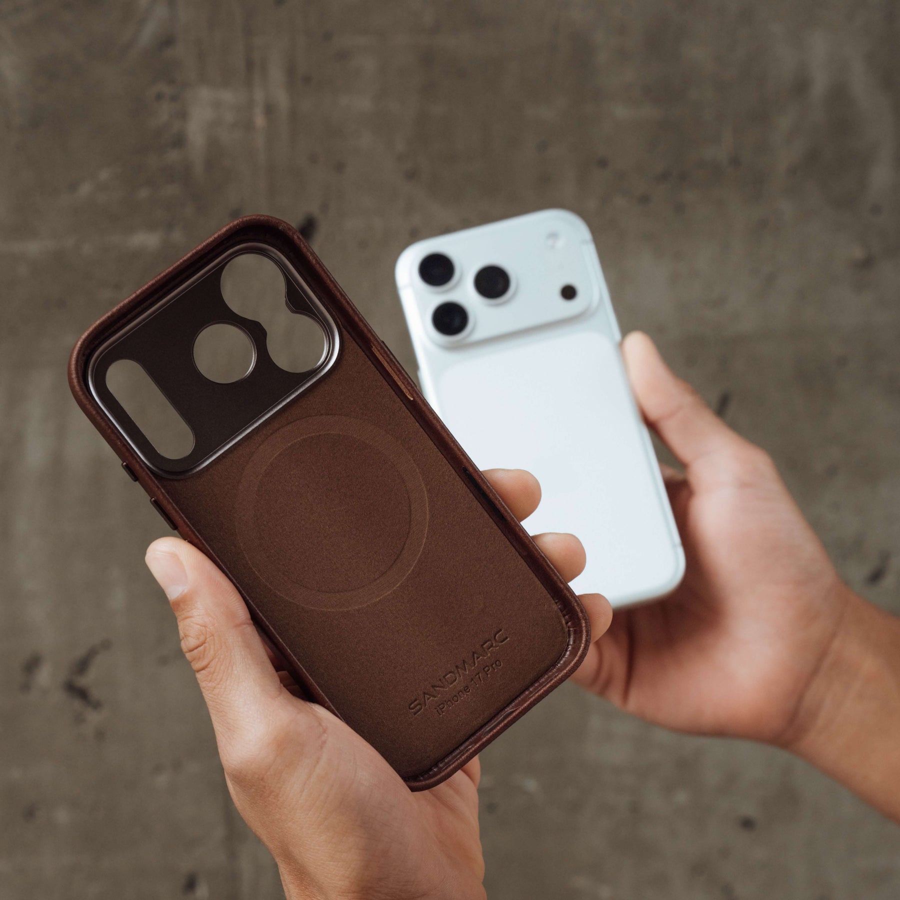 iPhone brown leather case showing inside microfiber and magsafe embossing
