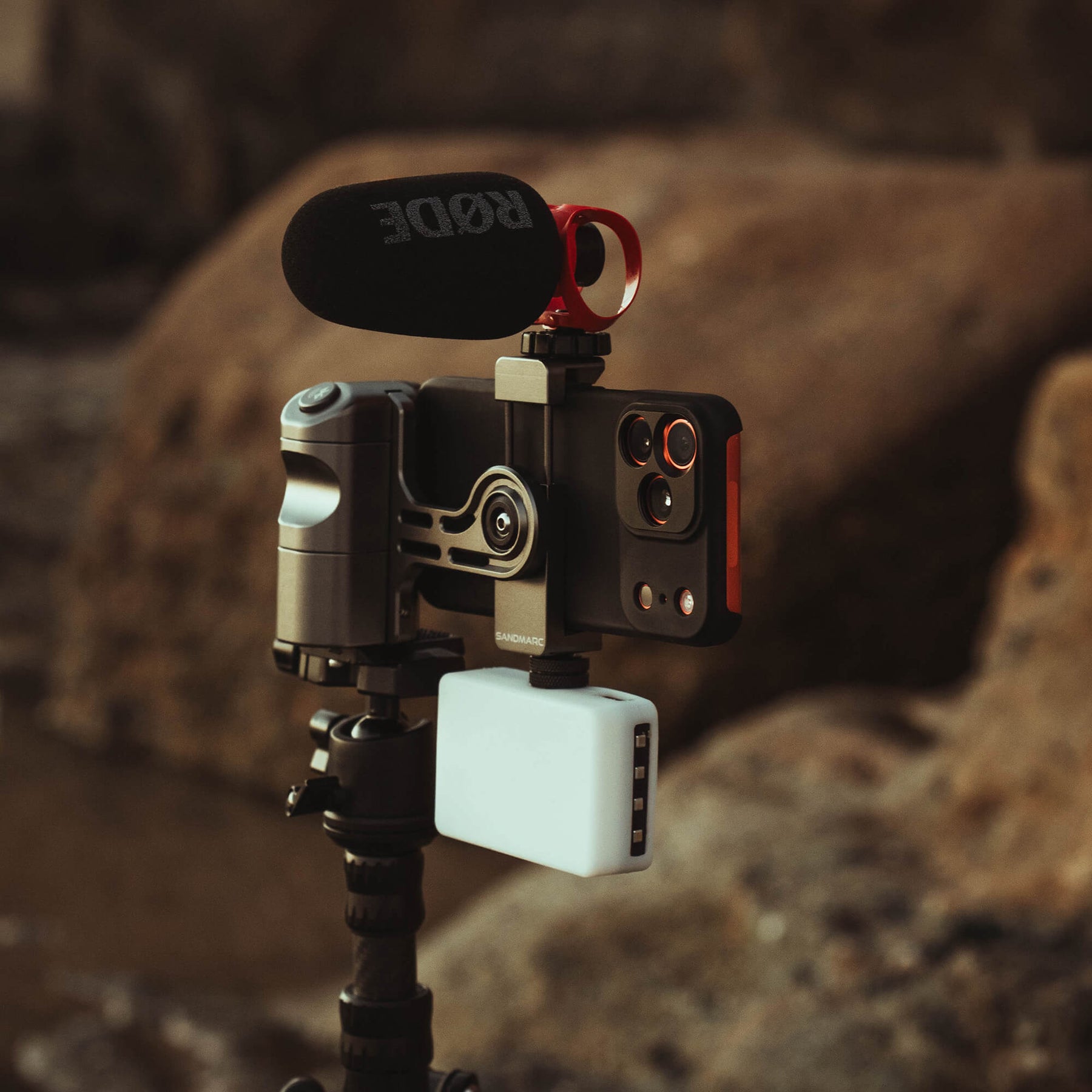 Creator Grip attached to iPhone and SANDMARC Prolight and Carbon Tripod