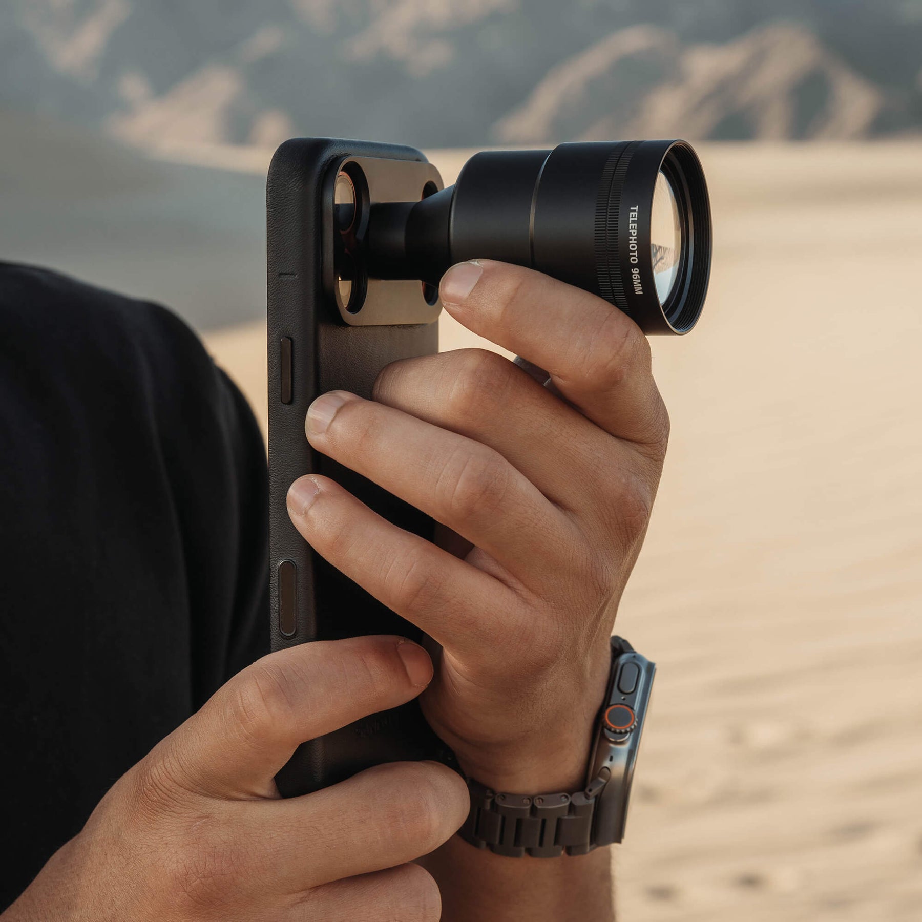 Side angle of Telephoto 96mm lens with desert background